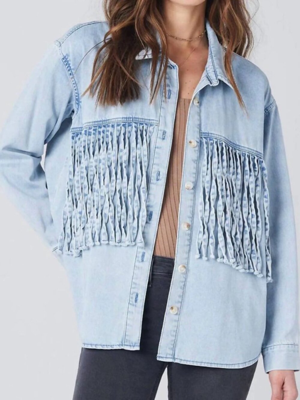 Saltwater Luxe NWT Del Mar Jacket Stonewashed Denim Fringe Shacket Western Boho